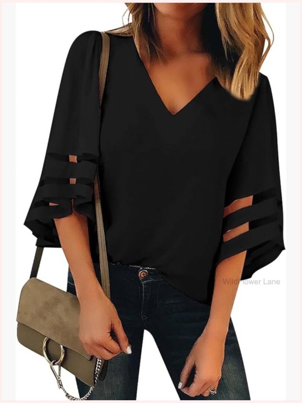 Casual V Neck Blouse 3/4 Bell Sleeve Mesh Panel Loose Top